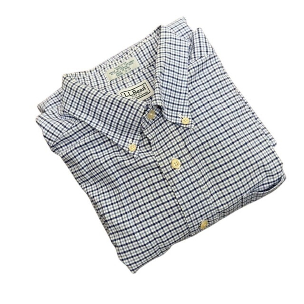 LL Bean Single Needle Tailoring Button Down Shirt Blue Check 17-34 Large